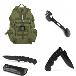 Zestaw Wyprawowy 8w1 Plecak+Nóż+Etui+Spork Survival OffLander Zielony