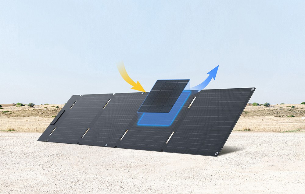 Panel słoneczny rozłożony na pustynnym terenie z graficzną ilustracją przepływu światła i energii