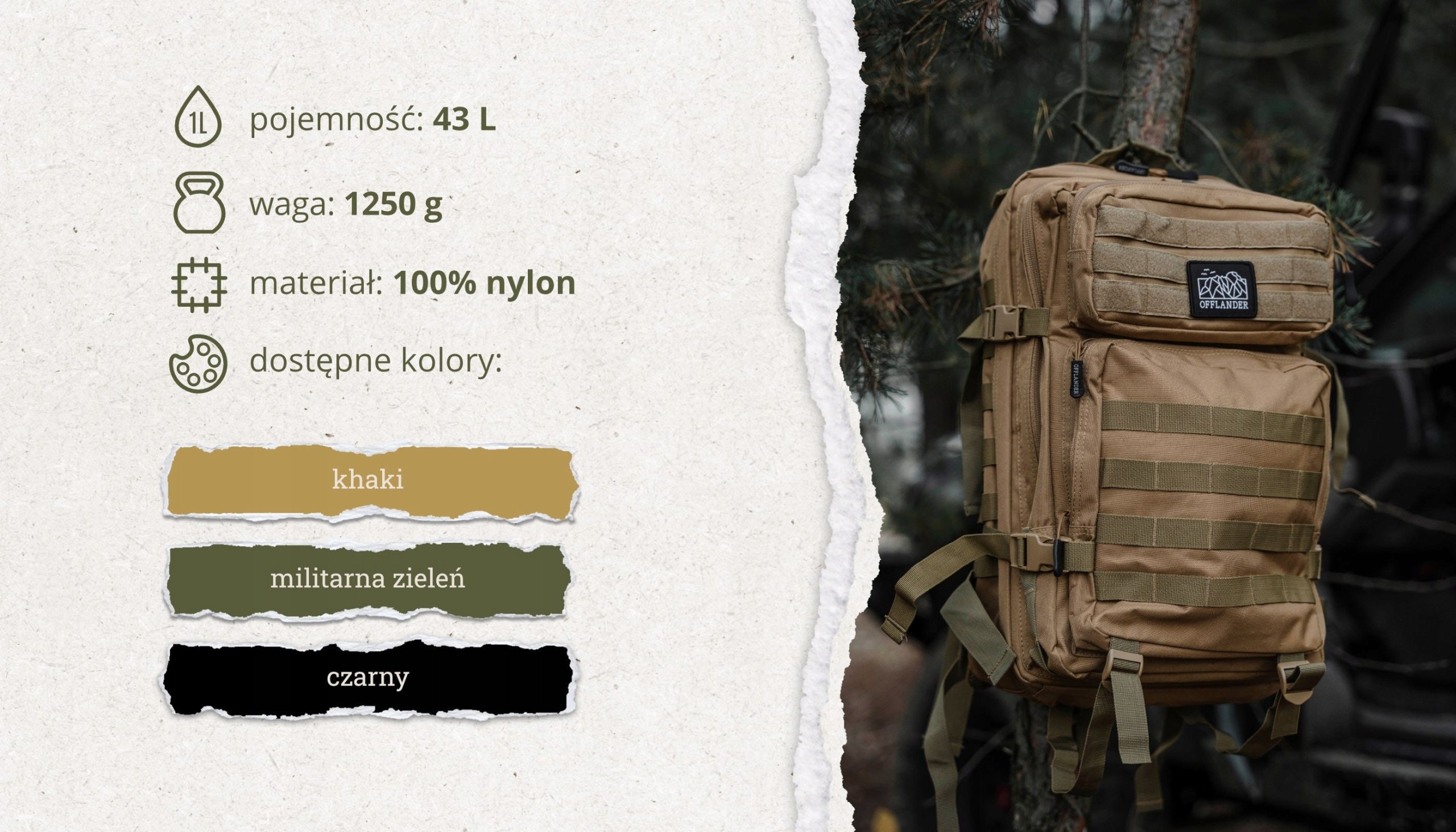 Zestaw Wyprawowy 8w1 Plecak 43L+Nóż+Etui+Spork Survival OffLander Khaki EAN (GTIN) 5907182659161